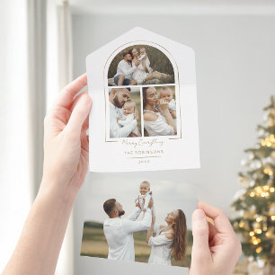 Elegant Minimal Gold Line Arch 3-Photo All In One Invitation