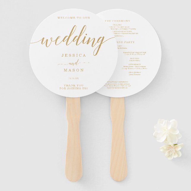 Elegant Minimal Gold Round Wedding Hand Fan (Front and Back)