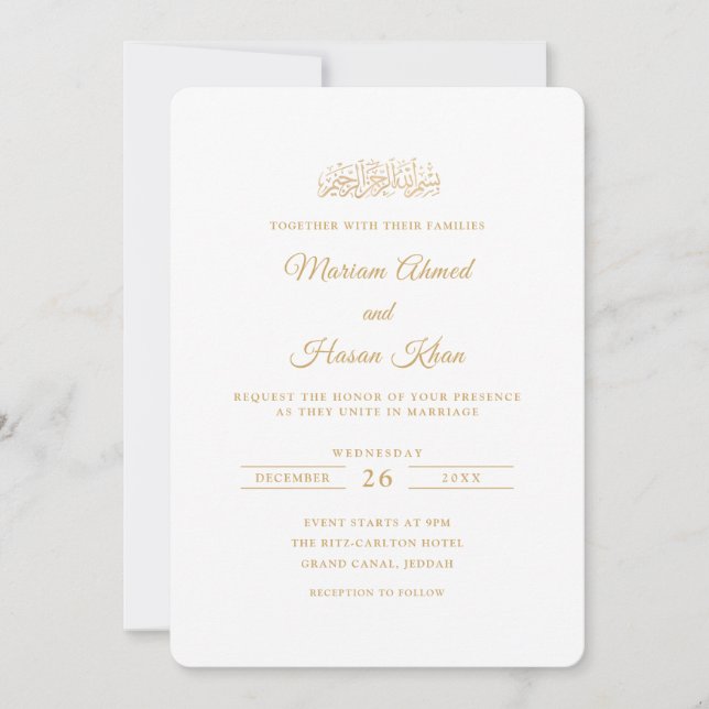 Elegant Minimal Gold Stylish Script Muslim Wedding Invitation (Front)