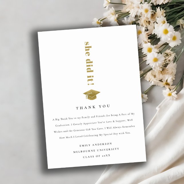 Elegant Minimal Gold Typography Graduation Cap Thank You Card (Creator Uploaded)