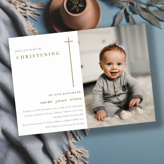 Elegant Minimal Gold Typography Photo Christening Invitation (Creator Uploaded)