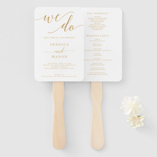 Elegant Minimal Gold Wedding Program Fan (Front and Back)