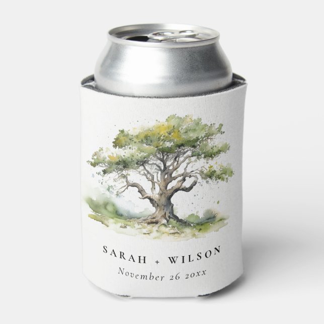 Elegant Minimal Green Watercolor Oak Tree Wedding Can Cooler (Can Front)