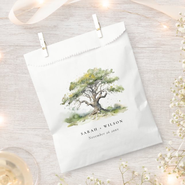 Elegant Minimal Green Watercolor Oak Tree Wedding Favour Bags (Clipped)