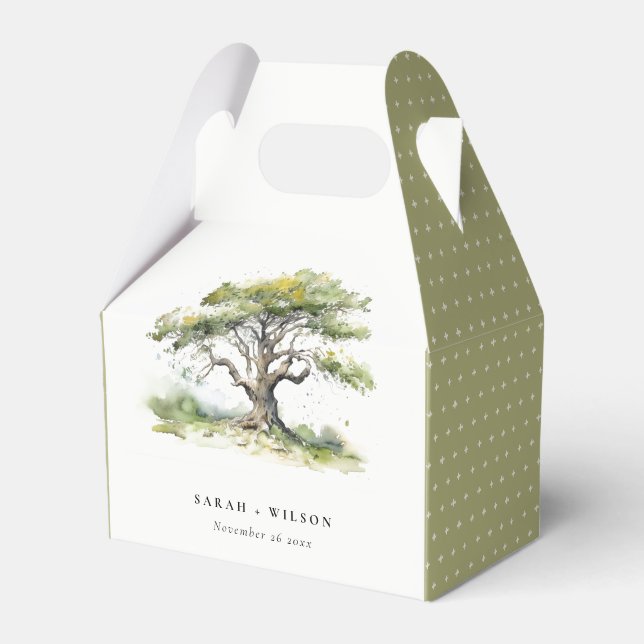 Elegant Minimal Green Watercolor Oak Tree Wedding Favour Box (Front Side)