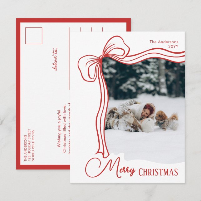 Elegant Minimal Hand Drawn Red Bow Christmas Holiday Postcard (Front/Back)