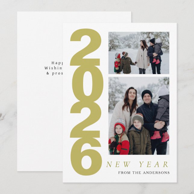 Elegant Minimal Happy New Year Family 2 Photo Holiday Card (Front/Back)
