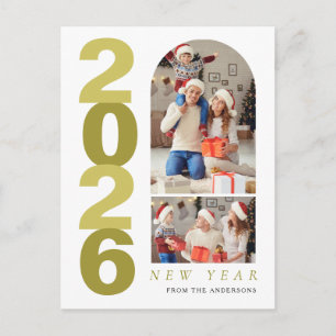 Elegant Minimal Happy New Year Family 2 Photo Holiday Postcard