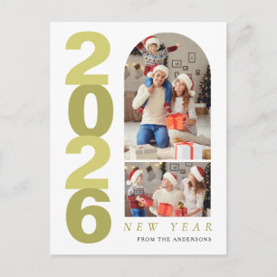 Elegant Minimal Happy New Year Family 2 Photo Holiday Postcard