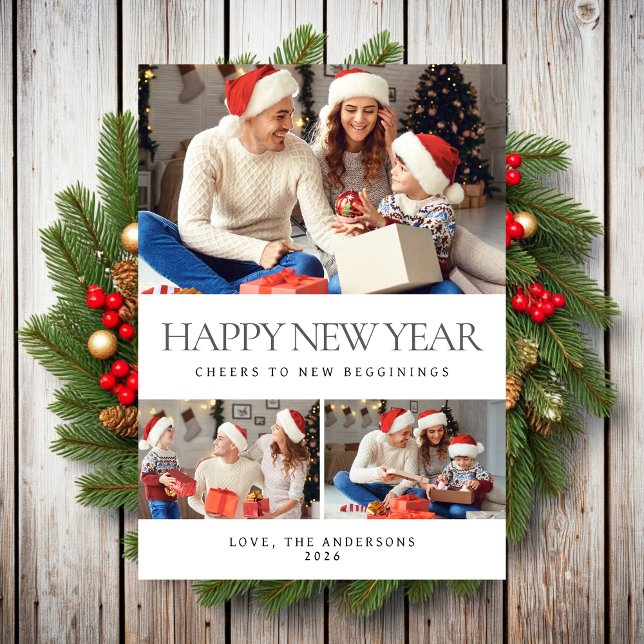 Elegant Minimal Happy New Year Family Photo Holiday Card (Creator Uploaded)