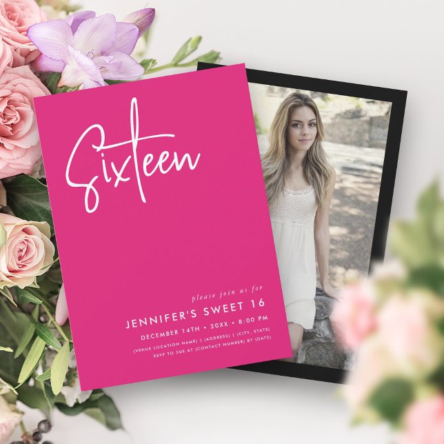 Elegant Minimal Hot Pink Photo Sweet 16  Invitation (Elegant Minimal Hot Pink Photo Sweet 16 Invitation)