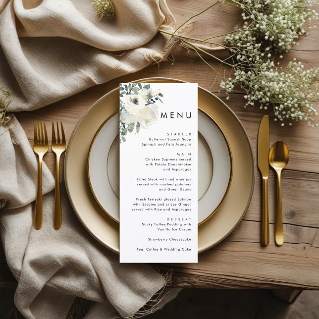 Elegant Minimal Ivory Floral Dusty Blue Wedding  Menu (Creator Uploaded)