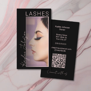 Elegant Minimal Lash Artist Photo QR Black Blush Business Card