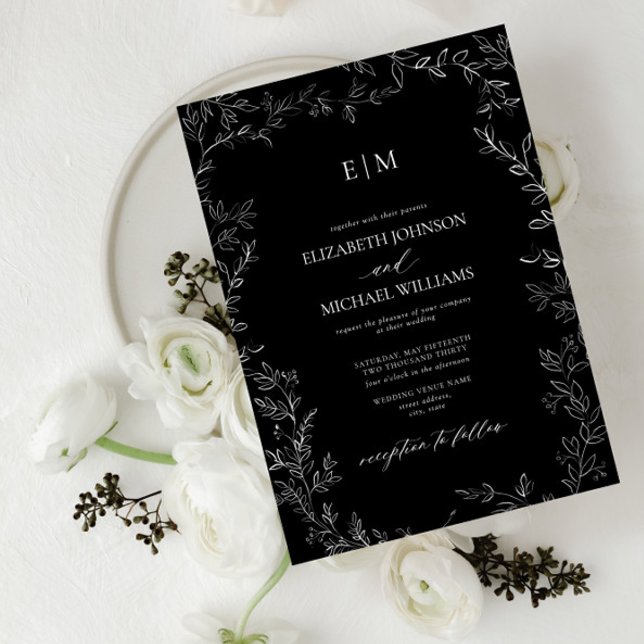 Elegant Minimal Leaf Black White Monogram Wedding Invitation (Creator Uploaded)