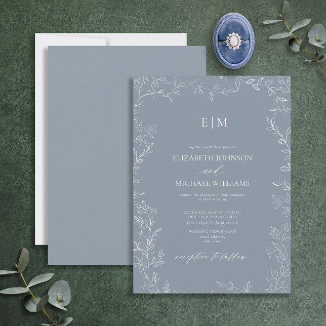 Elegant Minimal Leaf Dusty Blue Monogram Wedding Invitation (Creator Uploaded)