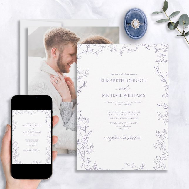 Elegant Minimal Leaf Lavender Photo Wedding Invitation (Creator Uploaded)
