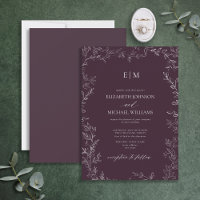 Elegant Minimal Leaf Plum Purple Monogram Wedding
