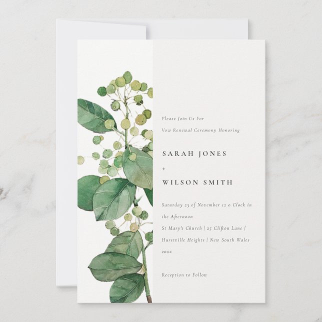 Elegant Minimal Leafy Foliage Greenery Vow Renewal Invitation (Front)