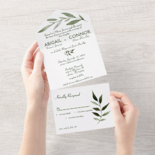 Elegant Minimal Leaves Frame Green Olive Hunter All In One Invitation