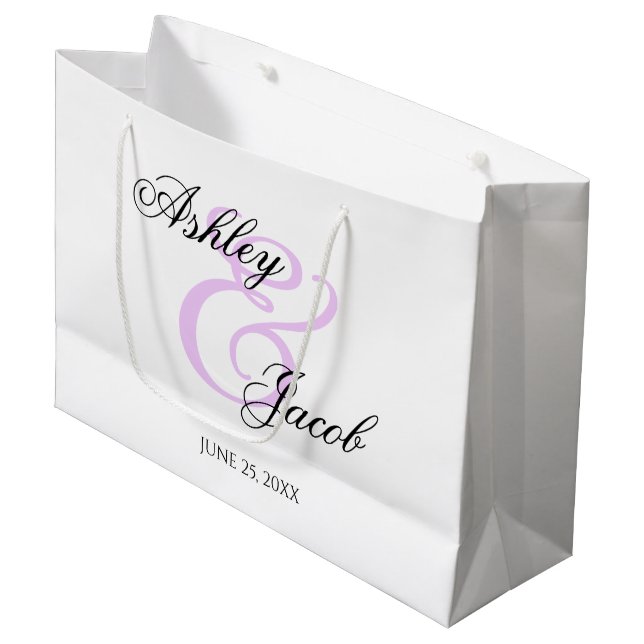 Elegant Minimal Light Purple Custom Name Wedding Large Gift Bag (Front Angled)