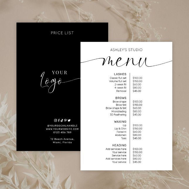 Elegant Minimal Logo Business Menu Price List (Elegant business price list menu in black and white with stylish script font)