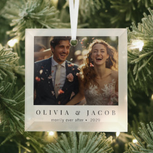 Elegant Minimal Merrily Ever After Newlywed  Glass Tree Decoration