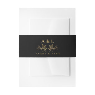 Elegant Minimal Monogram Black Gold Wedding Crest Invitation Belly Band
