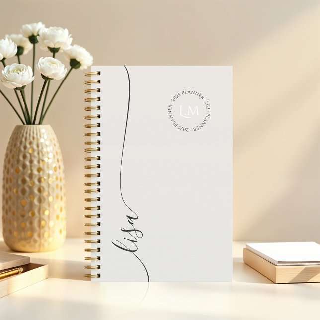 Elegant Minimal Monogram Initials Script Name Planner (Elegant Minimal Monogram Initials Script Name Planner (Front))