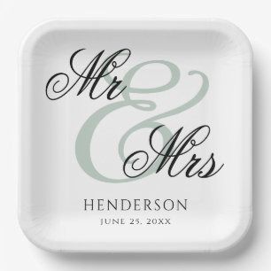 Elegant Minimal Mr and Mrs. Wedding Paper Plate