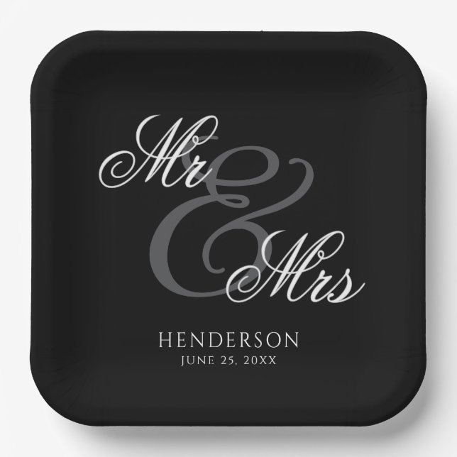 Elegant Minimal Mr and Mrs. Wedding Paper Plate (Front)
