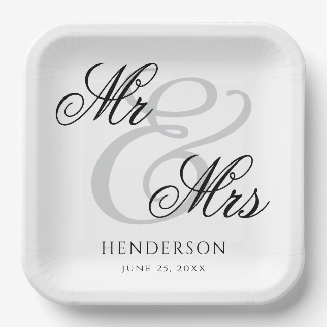 Elegant Minimal Mr and Mrs. Wedding Paper Plate (Front)