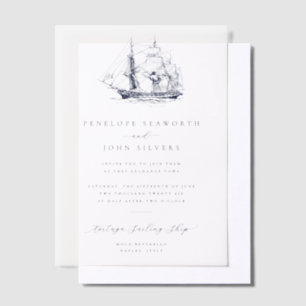 Elegant Minimal Nautical Ship Illustration Wedding Vellum Invitations