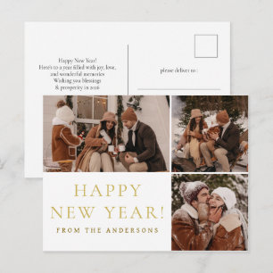Elegant Minimal New Year Cheers Family 3 Photo Holiday Postcard