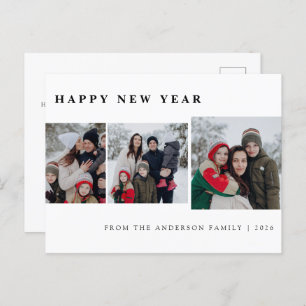 Elegant Minimal New Year Cheers Family 3 Photo Holiday Postcard