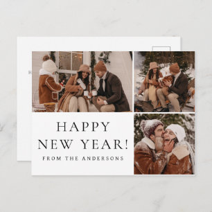 Elegant Minimal New Year Cheers Family 3 Photo Holiday Postcard