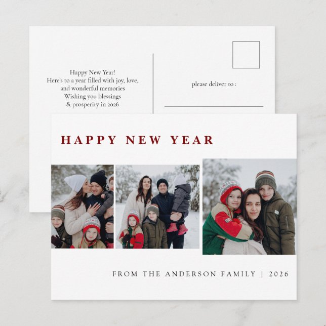 Elegant Minimal New Year Cheers Family 3 Photo Holiday Postcard (Front/Back)