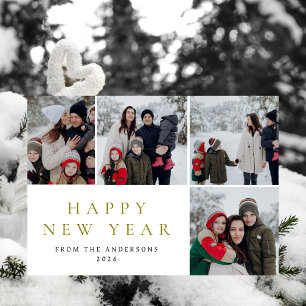 Elegant Minimal New Year Cheers Family 4 Photo Holiday Card