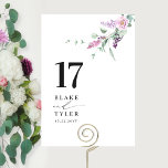 Elegant, Minimal Pastel Colour Floral Wedding  Table Number<br><div class="desc">Guide your guests to their table with this elegant wedding table number card. Stylish and simple design with names to the side along with the "and" in modern handwritten calligraphy. Delicate watercolor floral corner detail with mauve, dusty purple, lilac, and lavender blooms. Ordering Information: To create a seamless experience for...</div>