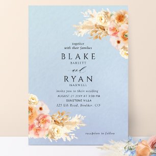 Elegant, Minimal Peach, Blush Cream Blue Wedding I Invitation