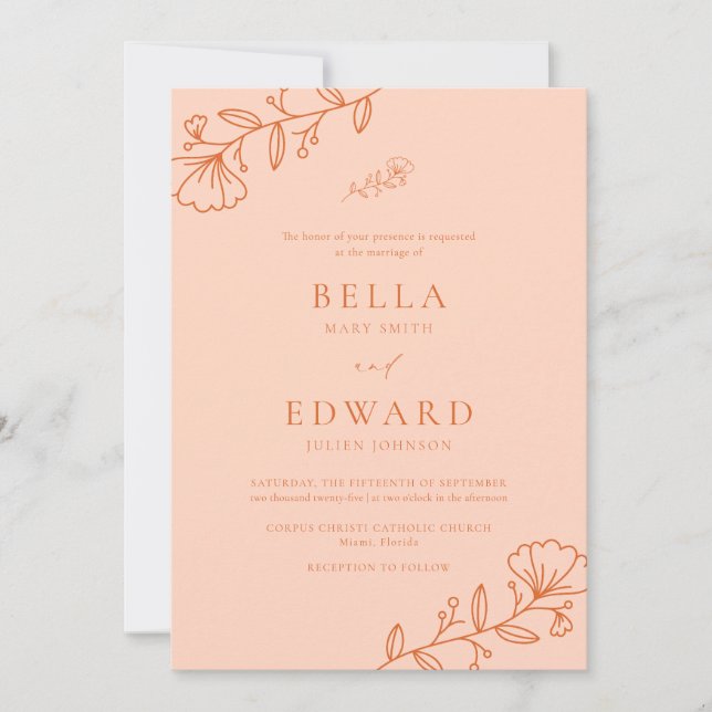 Elegant Minimal Peach Floral Wedding Invitation (Front)