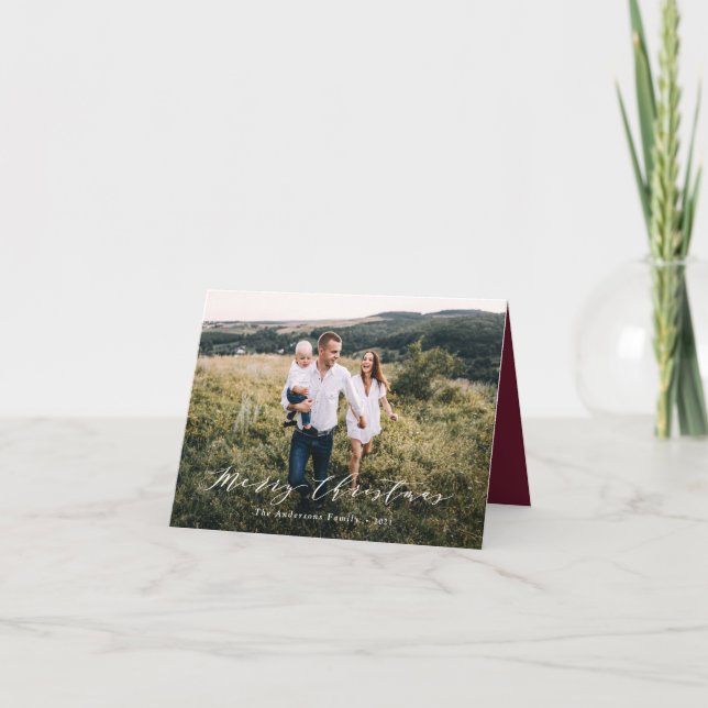 Elegant minimal photo Christmas script burgundy Ho Holiday Card (Front)