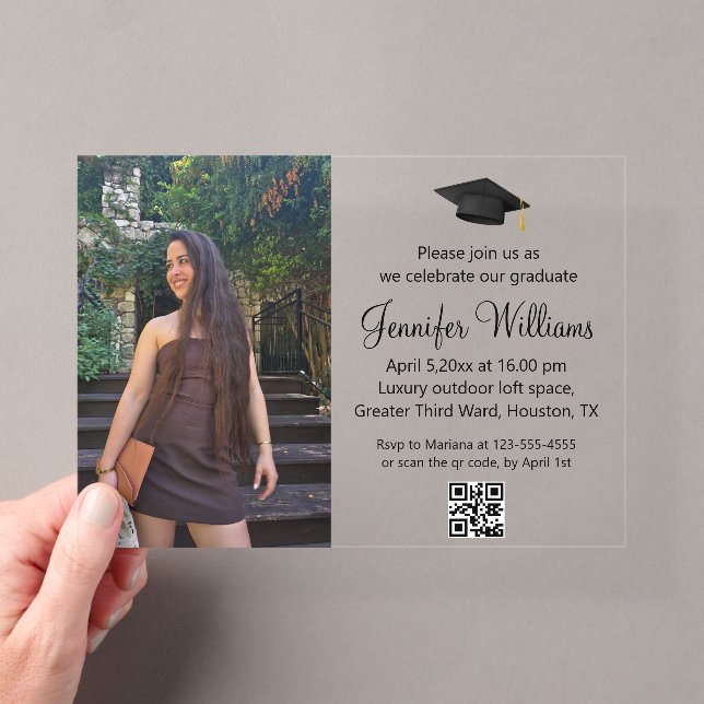 elegant minimal photo graduation party qr code  acrylic invitations (Insitu (Handheld))