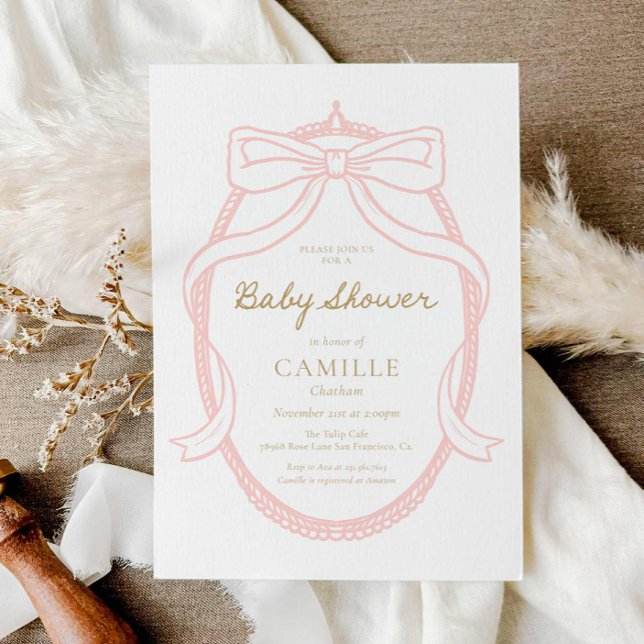 Elegant Minimal Pink Baby Shower Invitation (Pink Bow Girl Baby Shower Invitation)