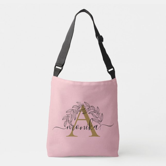 Elegant Minimal Pink Gold Black Monogram Floral Crossbody Bag (Front)