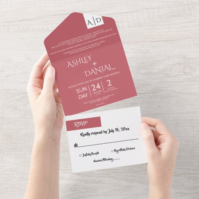 Elegant Minimal Pink Script Chic Modern Wedding All In One Invitation (Tearaway)