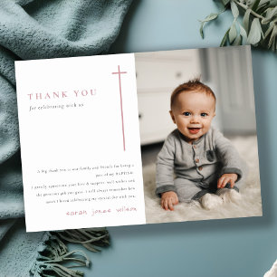 Elegant Minimal Pink Typography Photo Baptism Thank You Card