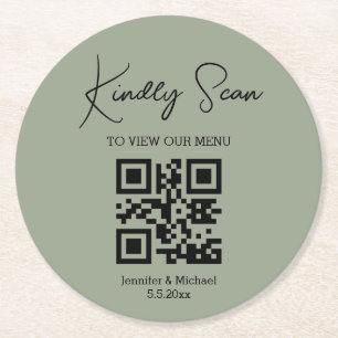 elegant minimal qr code wedding menu  green round paper coaster