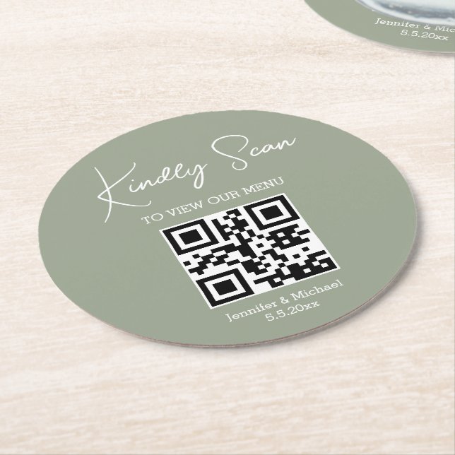 elegant minimal qr code wedding menu green white round paper coaster (Angled)