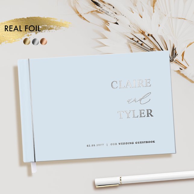 Elegant, Minimal Real Foil and Dusty Blue Wedding Guest Book (Creator Uploaded)