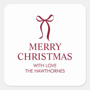 Elegant Minimal Red Bow Merry Christmas Square Sticker
